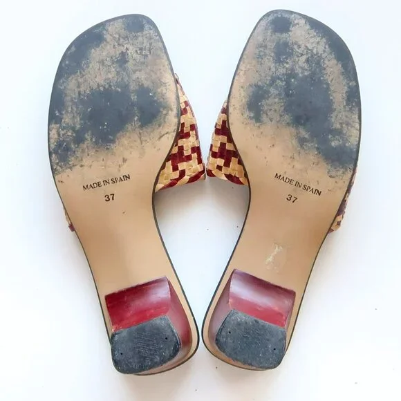 Handcrafted Burgundy Raffia Block Heel Mule Sandals Woven Boho Summer Shoes 7 - Picture 8 of 16